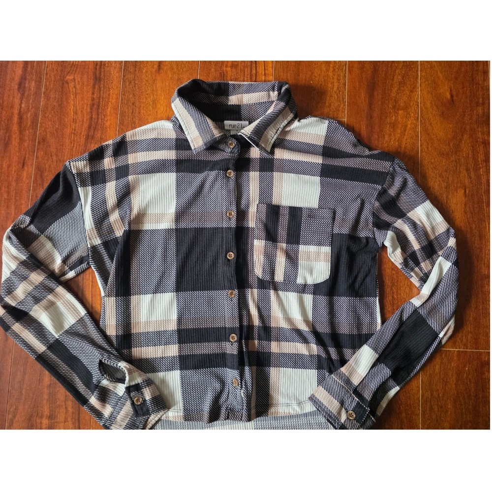 rue21 Womens Plaid Ribbed Knit Cropped Button Down Shirt Black Tan Medium - Picture 2 of 4